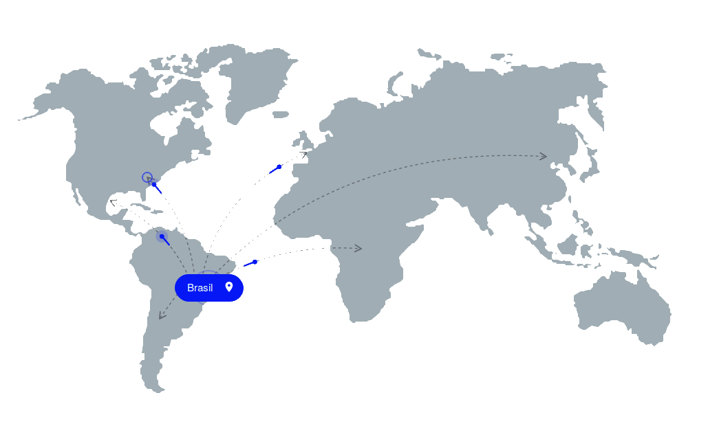 Mapa com envios a partir do Brasil para as Américas, Europa, África e Ásia